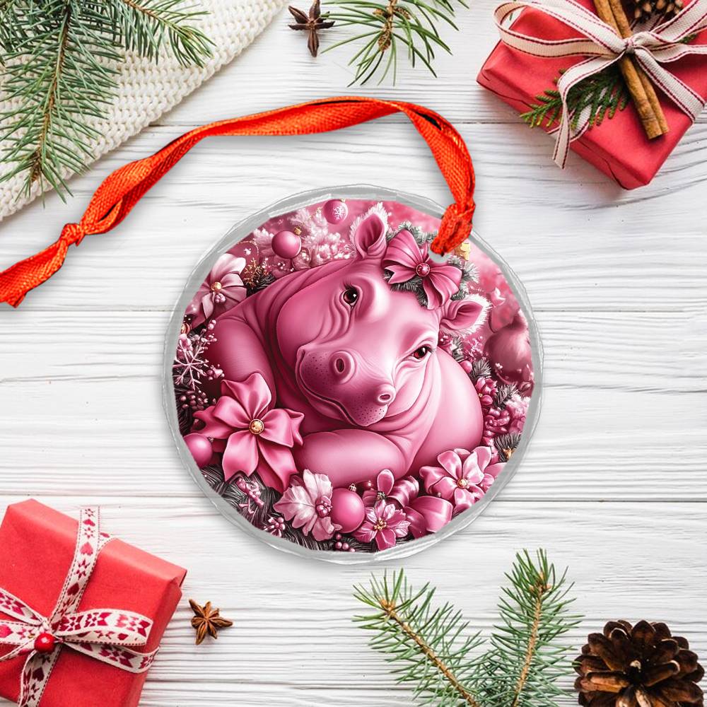 Hippo Pink Christmas Design 4 Glass Ornament