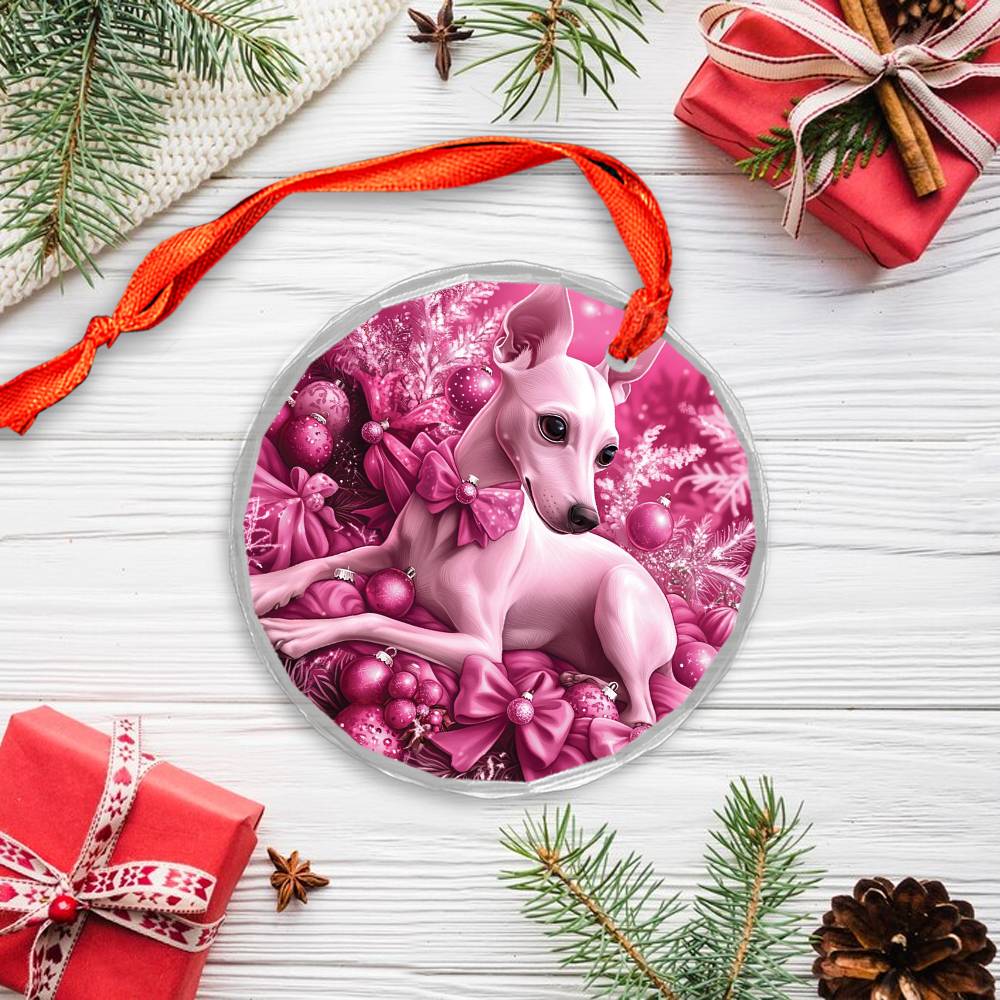 Whippet Dog Pink Christmas Design 2 Glass Ornament