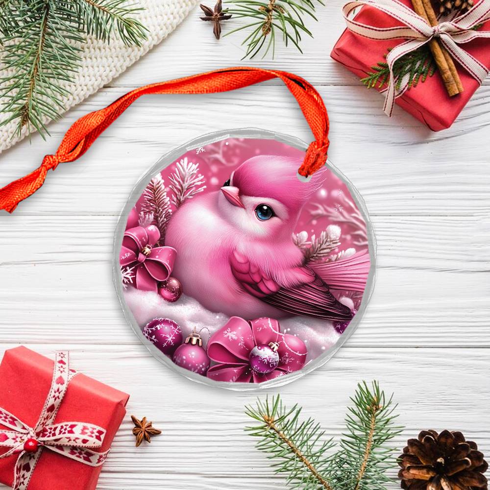 Songbird Pink Christmas Design 1 Glass Ornament