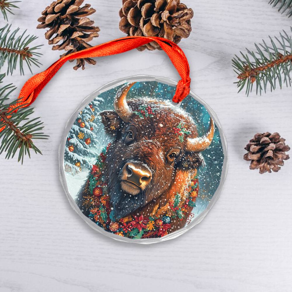 Beautiful Bison Christmas Night Design 2 Glass Ornament