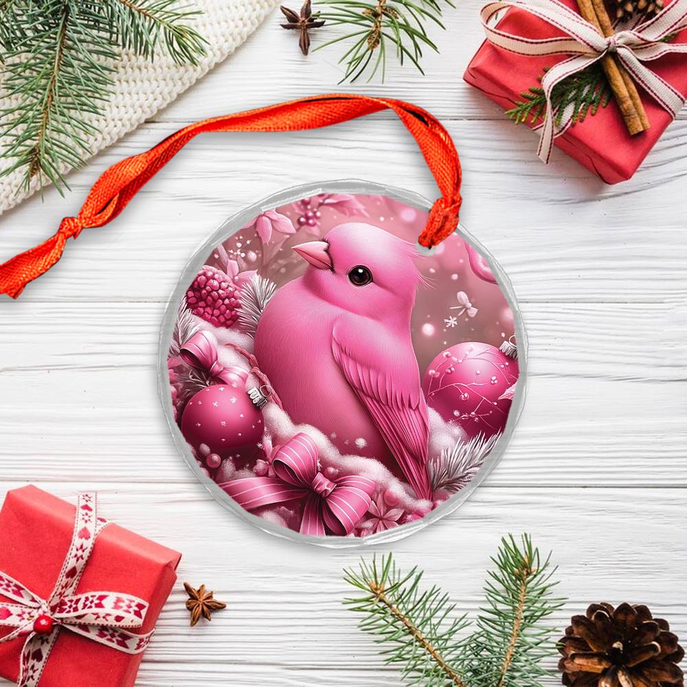 Finch Pink Christmas Design 2 Glass Ornament