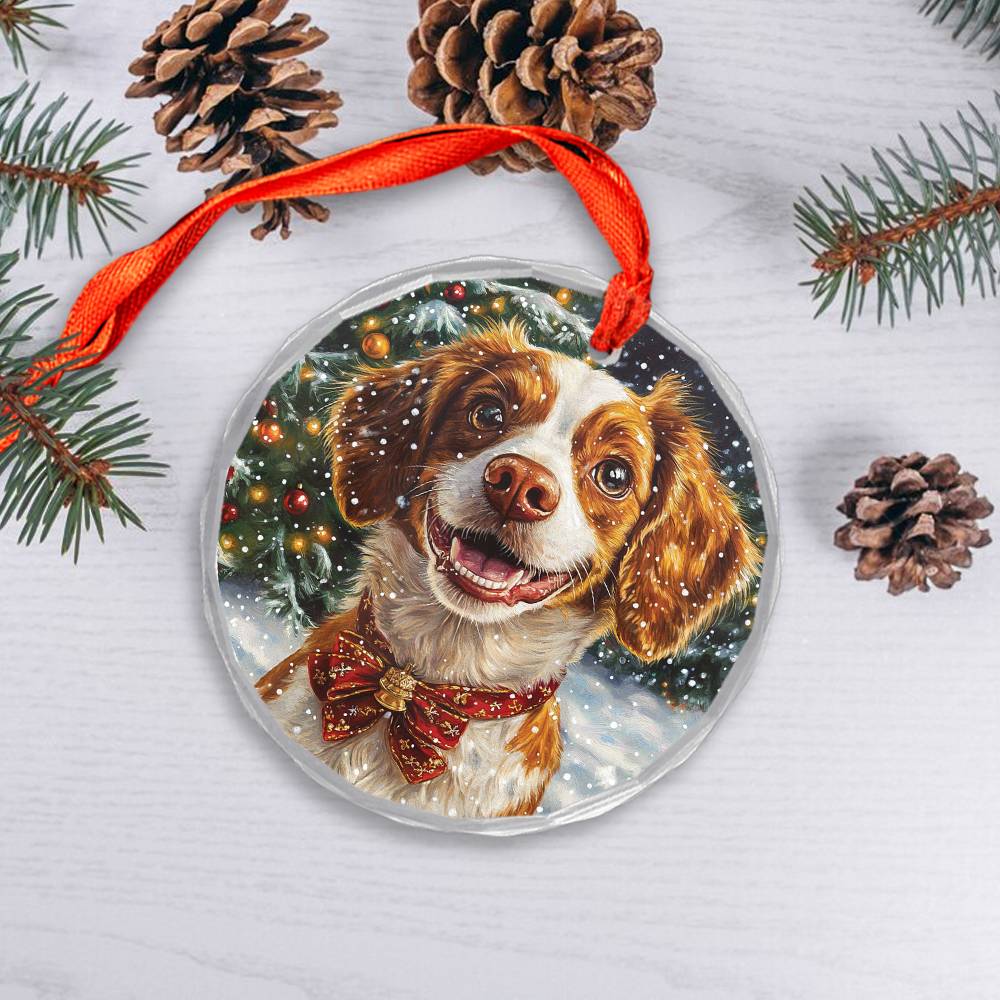 Beautiful Brittany Dog Christmas Night Design 3 Glass Ornament