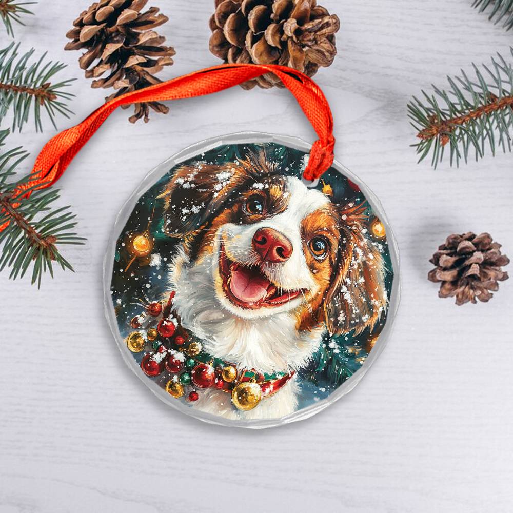 Beautiful Brittany Dog Christmas Night Design 4 Glass Ornament