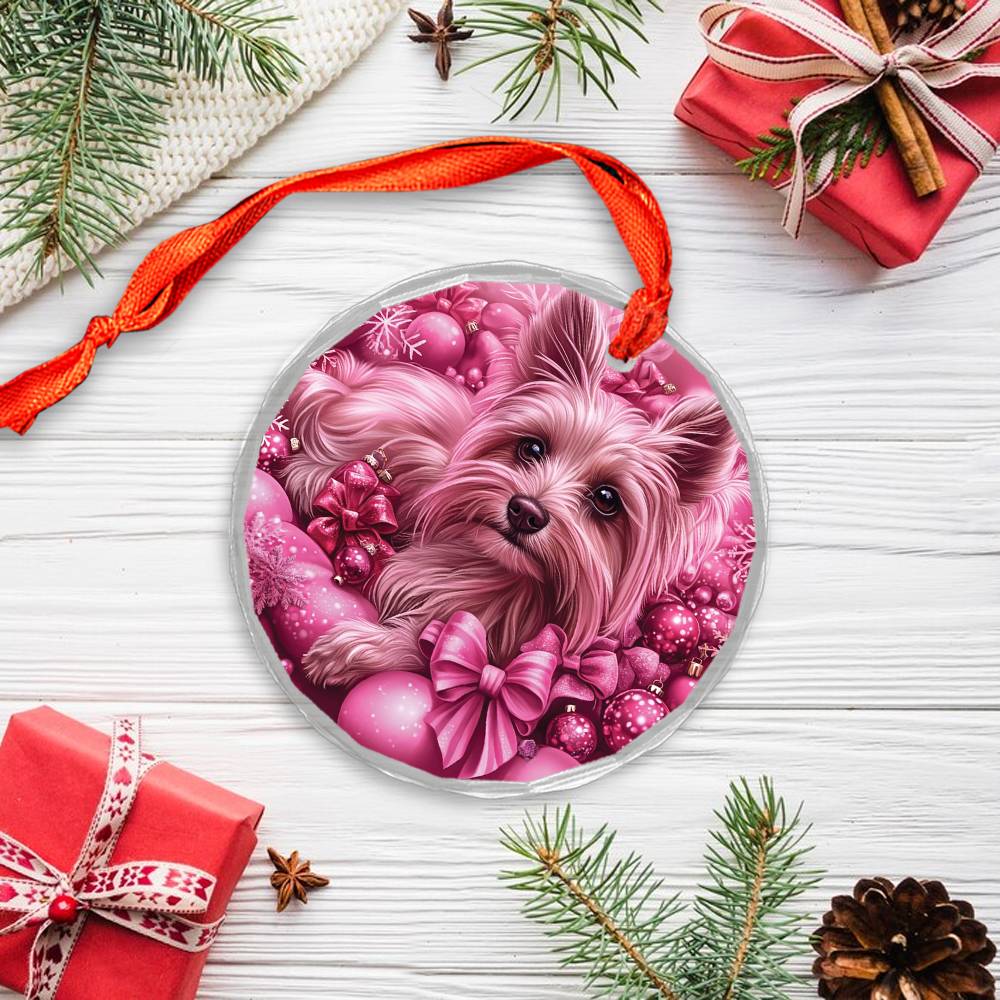 Yorkshire Terrier Dog Pink Christmas Design 2 Glass Ornament