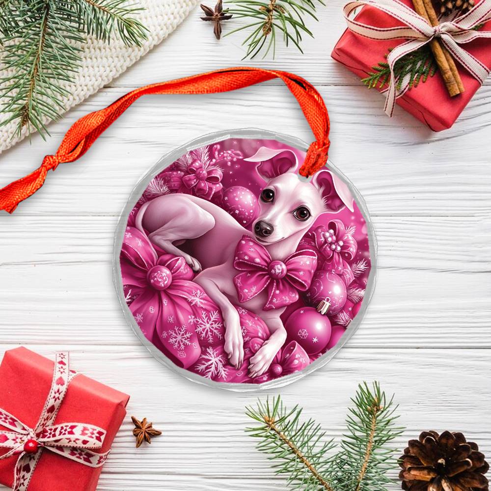 Whippet Dog Pink Christmas Design 3 Glass Ornament