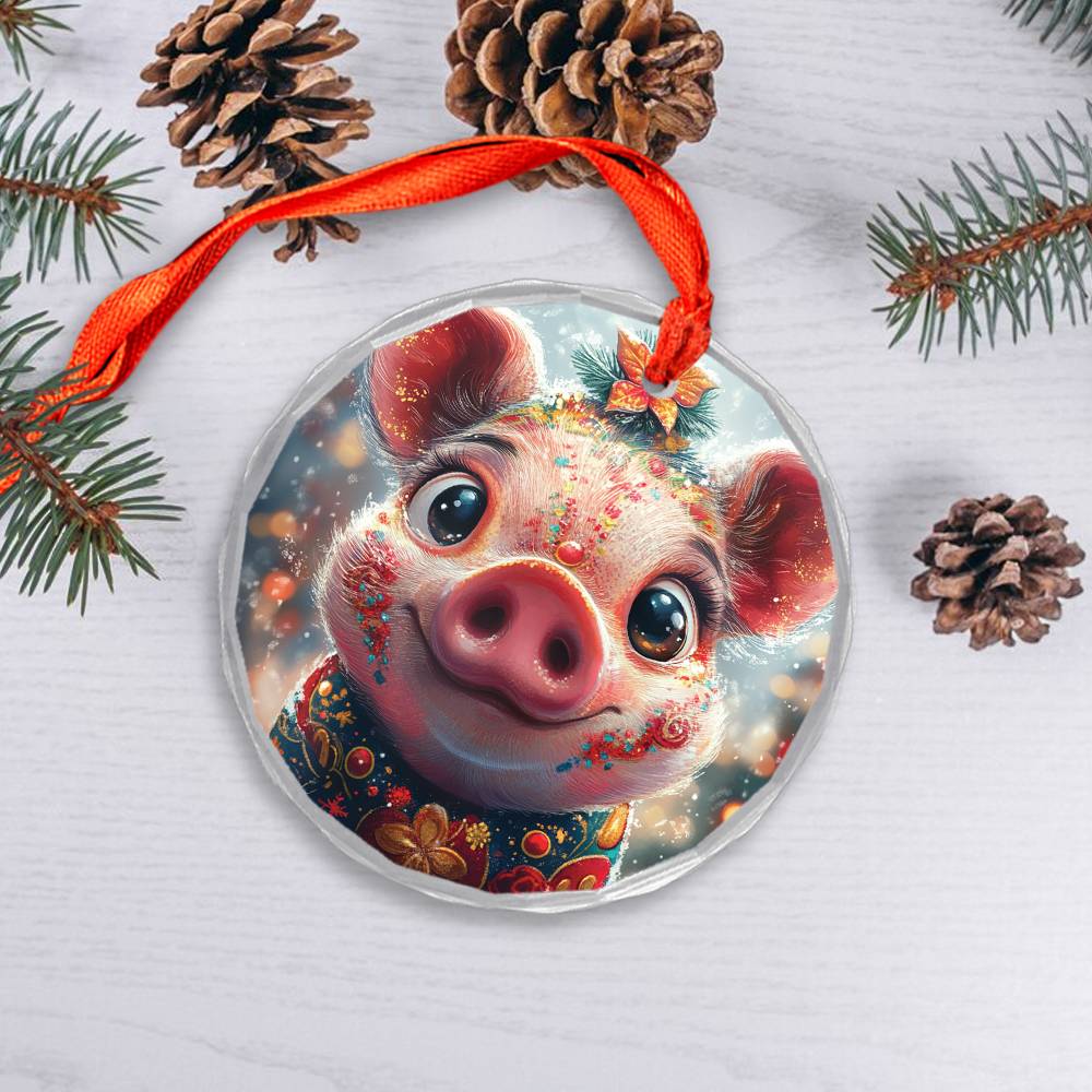 Beautiful Pig Christmas Night Design 1 Glass Ornament