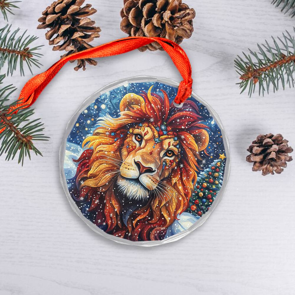 Beautiful Lion Christmas Night Design 1 Glass Ornament