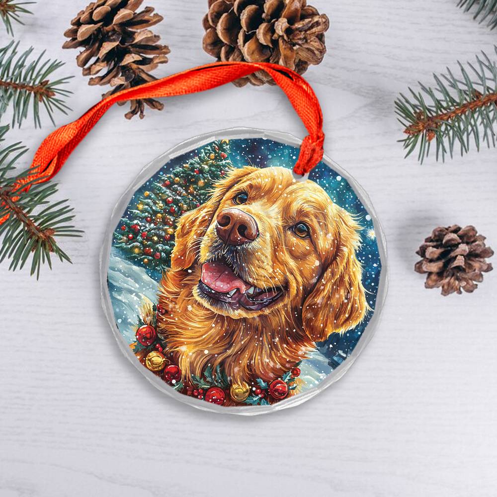 Beautiful Golden Retriever Dog Christmas Night Design 1 Glass Ornament