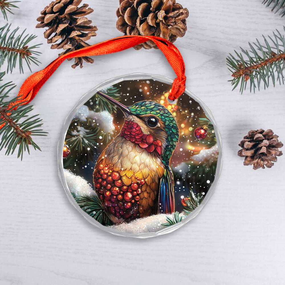 Beautiful Hummingbird Christmas Night Design 1 Glass Ornament