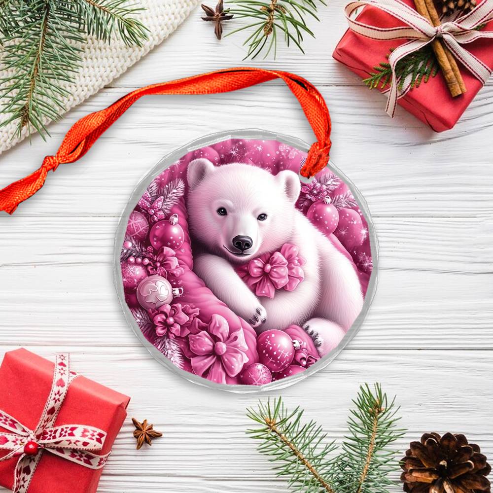 Pola Bear Pink Christmas Design 3 Glass Ornament