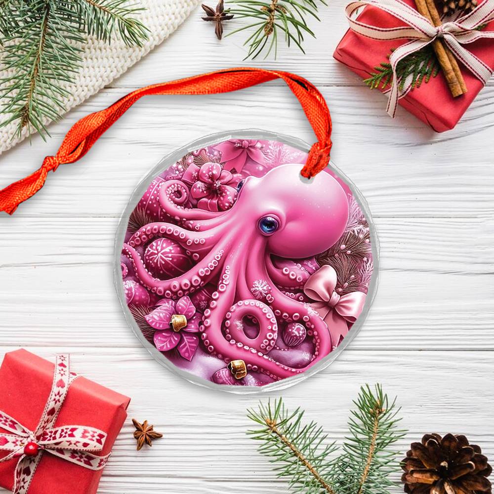 Octopus Pink Christmas Design 3 Glass Ornament