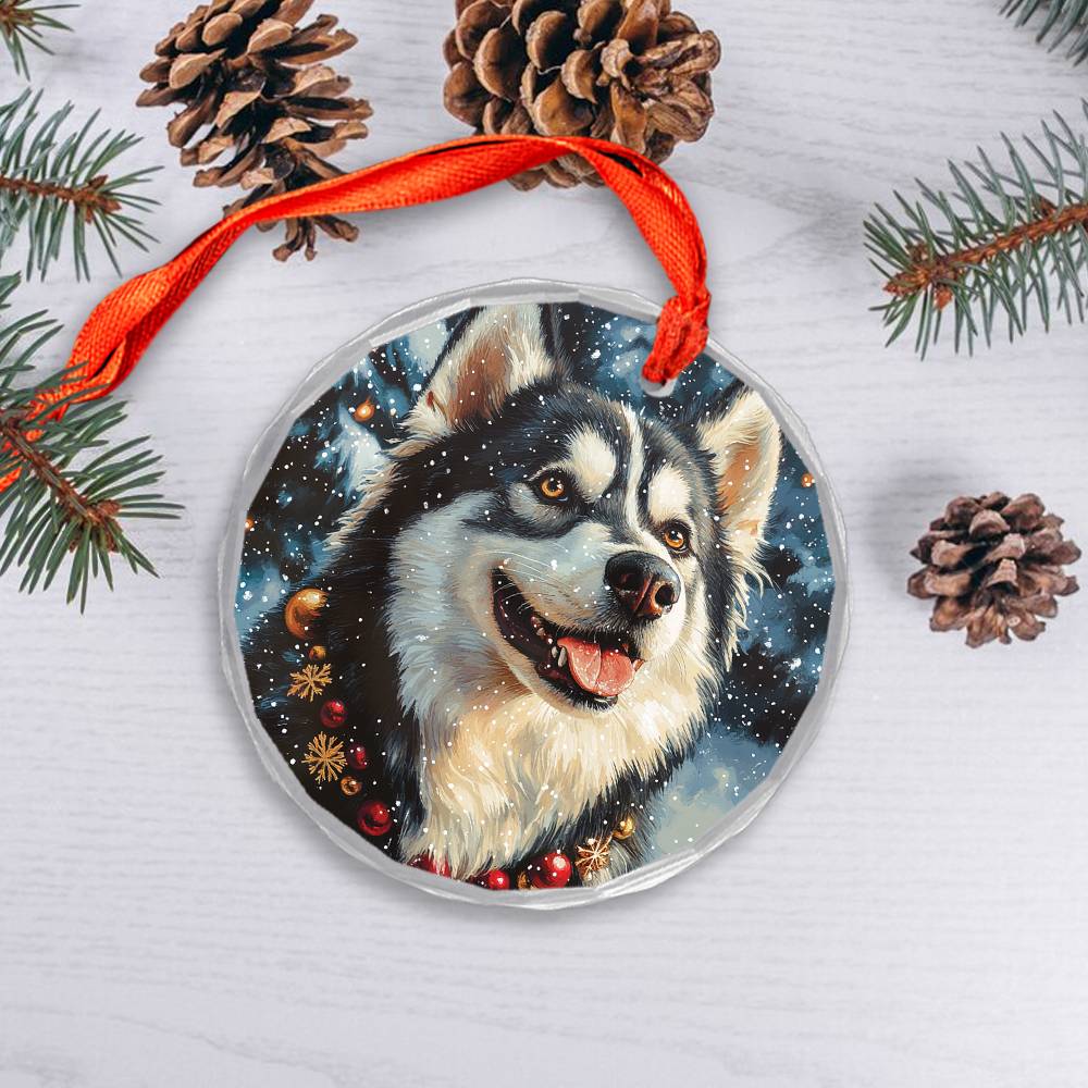 Beautiful Angus Huskie Dog Christmas Night Design 4 Glass Ornament