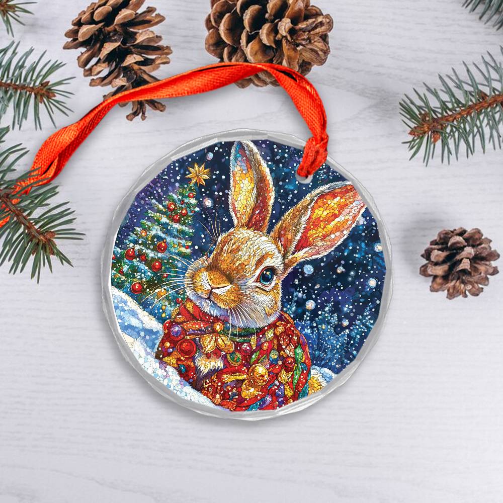 Beautiful Rabbit Christmas Night Design 3 Glass Ornament