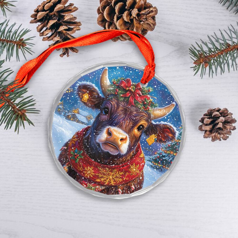 Beautiful Angus Cow Christmas Night Design 4 Glass Ornament