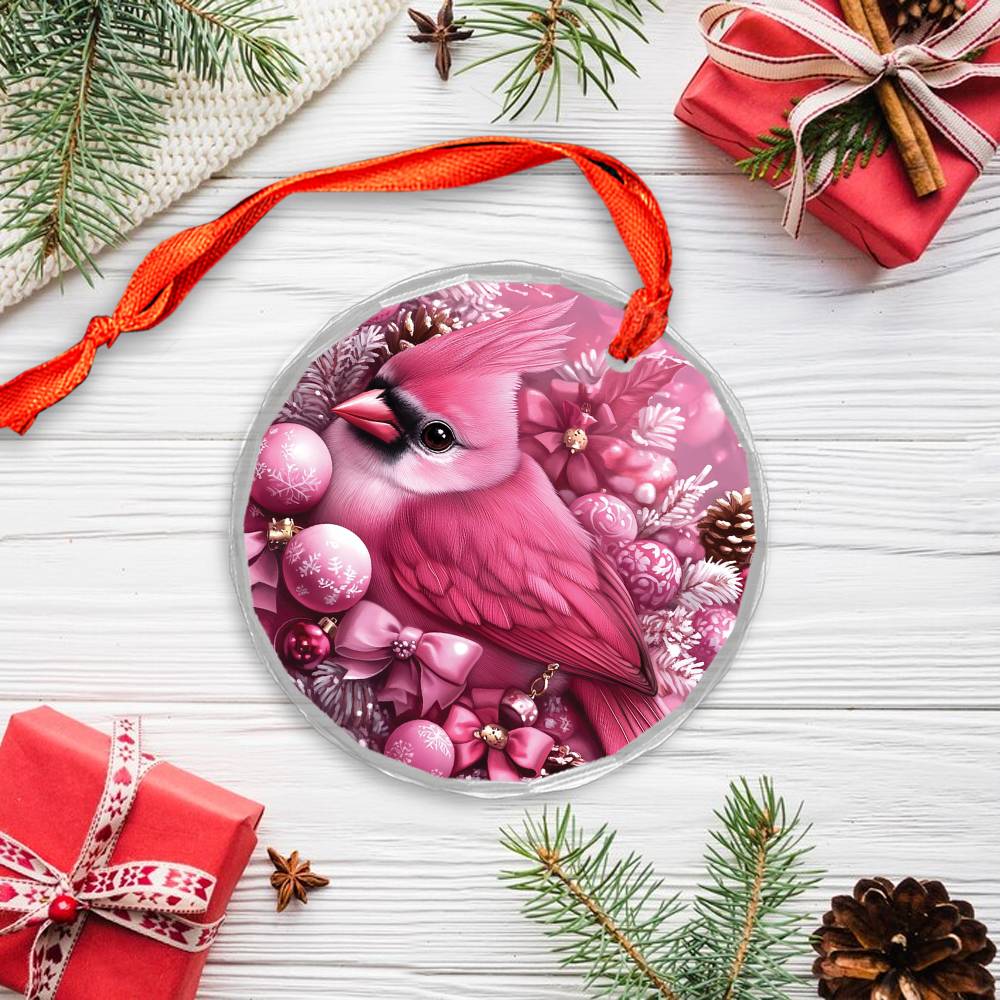 Cardinal Pink Christmas Design 1 Glass Ornament
