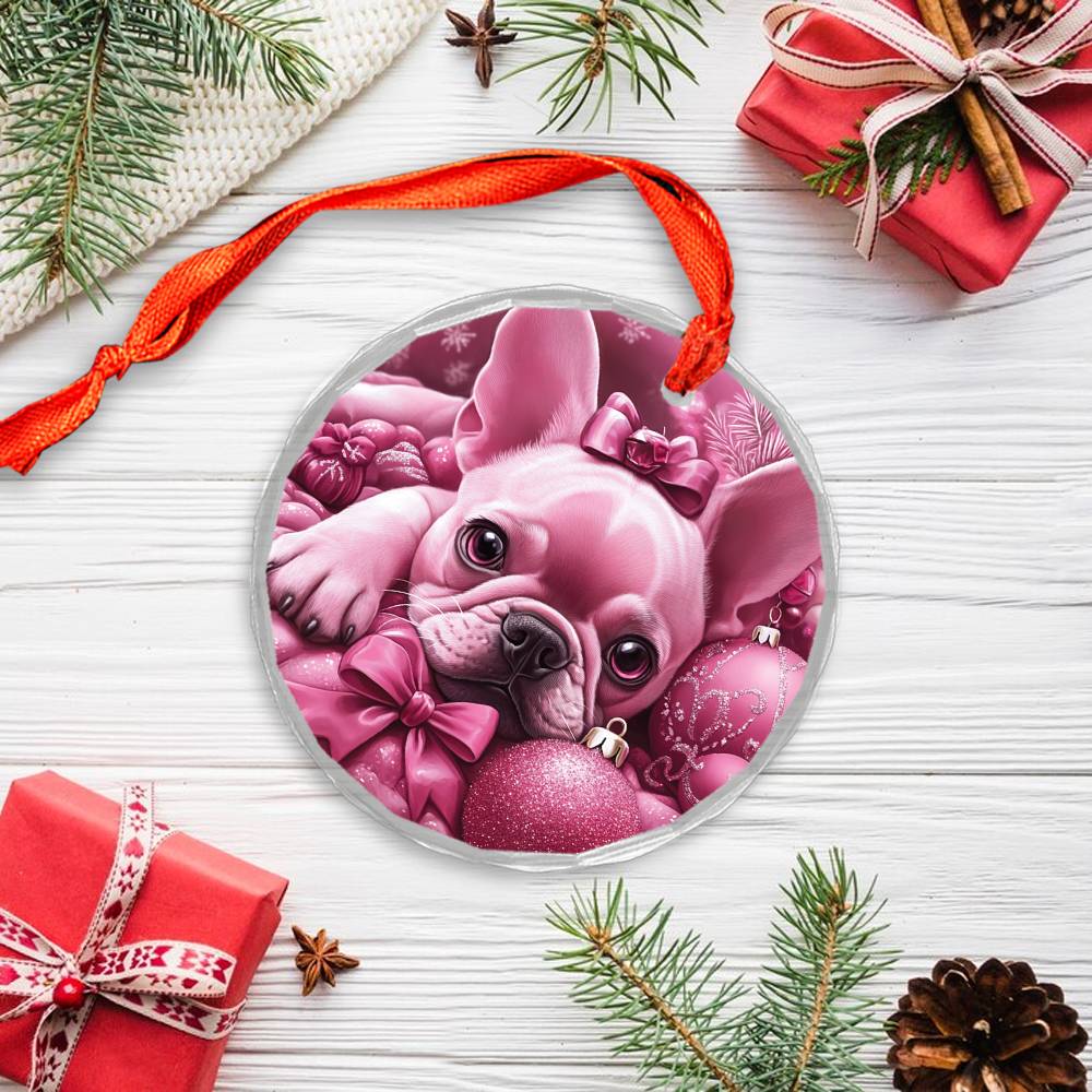 French Bulldog Pink Christmas Design 1 Glass Ornament