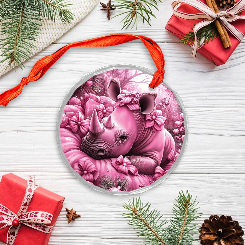 Rhino Pink Christmas Design 1 Glass Ornament