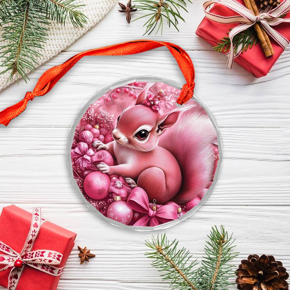 Squirrel Pink Christmas Design 3 Glass Ornament