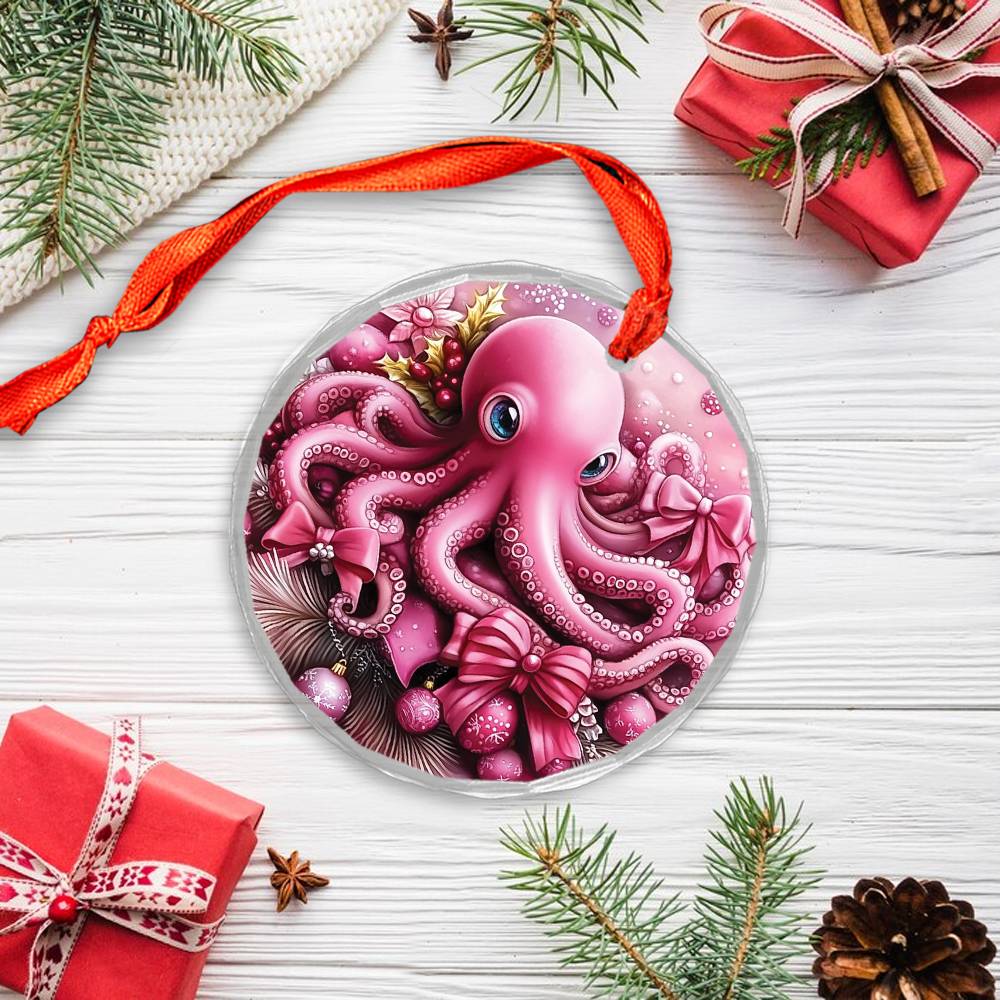 Octopus Pink Christmas Design 2 Glass Ornament