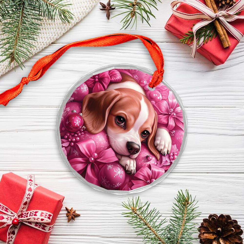 Beagle Dog Pink Christmas Design 3 Glass Ornament