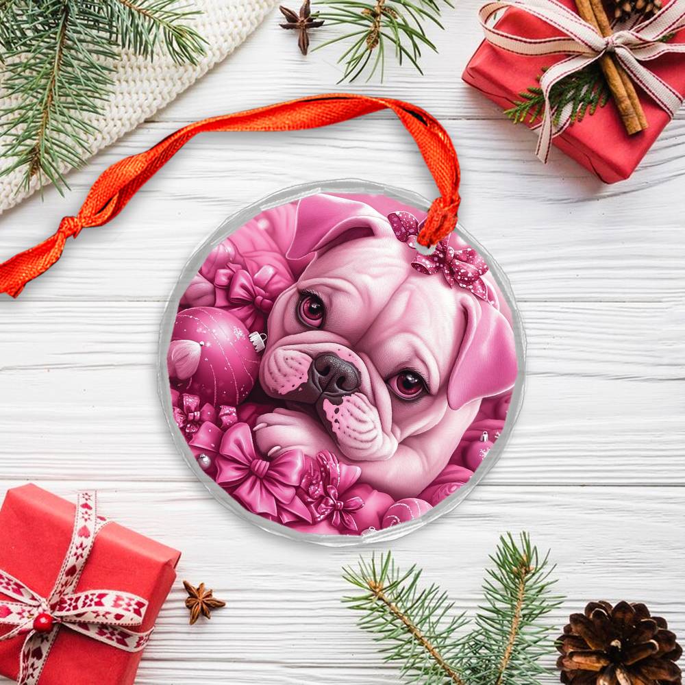 Bulldog Pink Christmas Design 3 Glass Ornament
