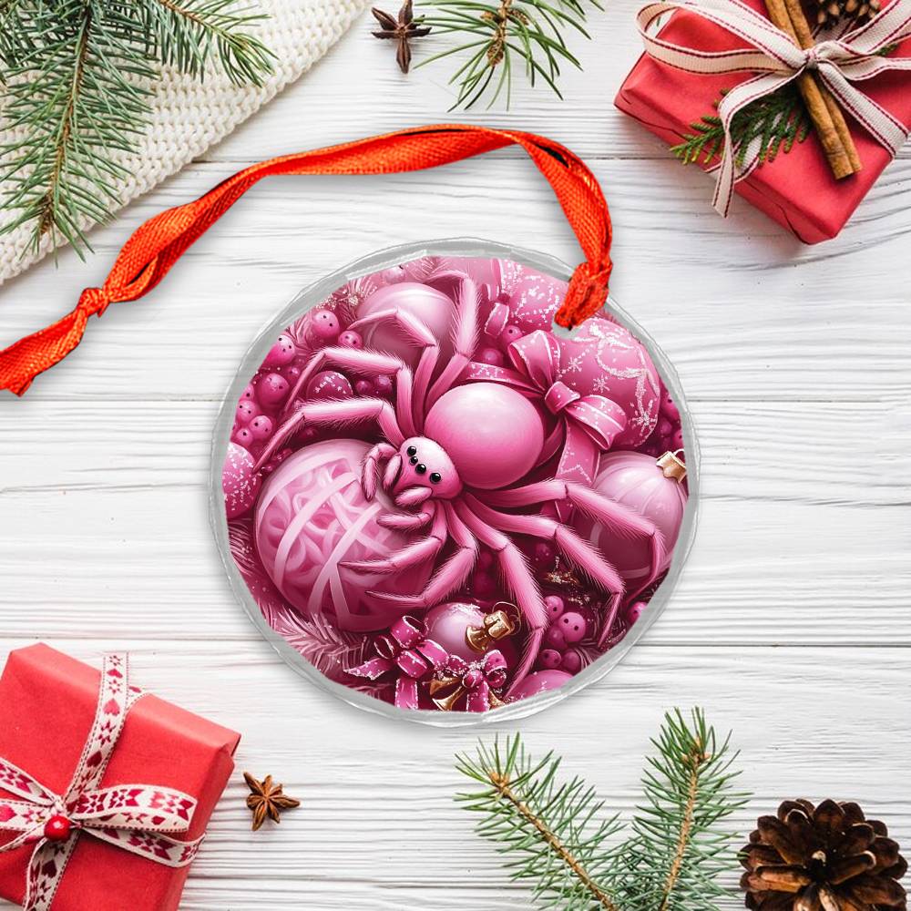 Spider Pink Christmas Design 3 Glass Ornament
