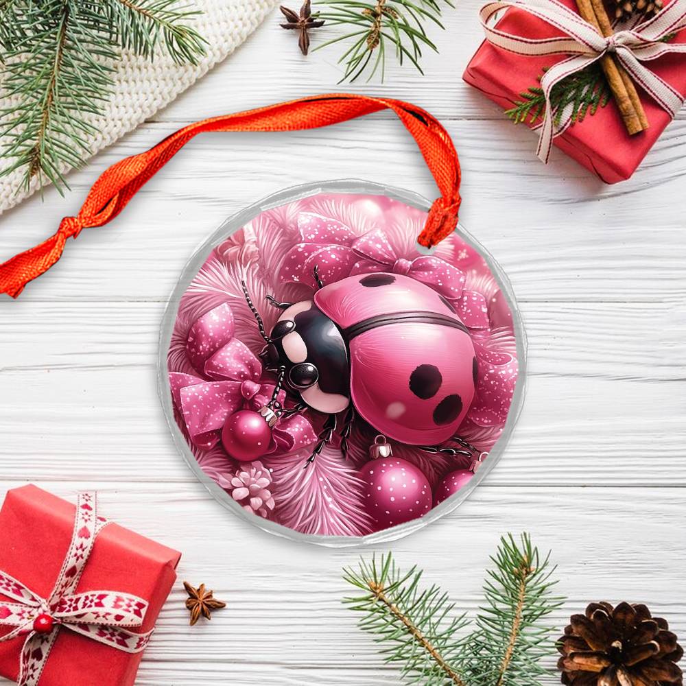 Ladybug Pink Christmas Design 1 Glass Ornament