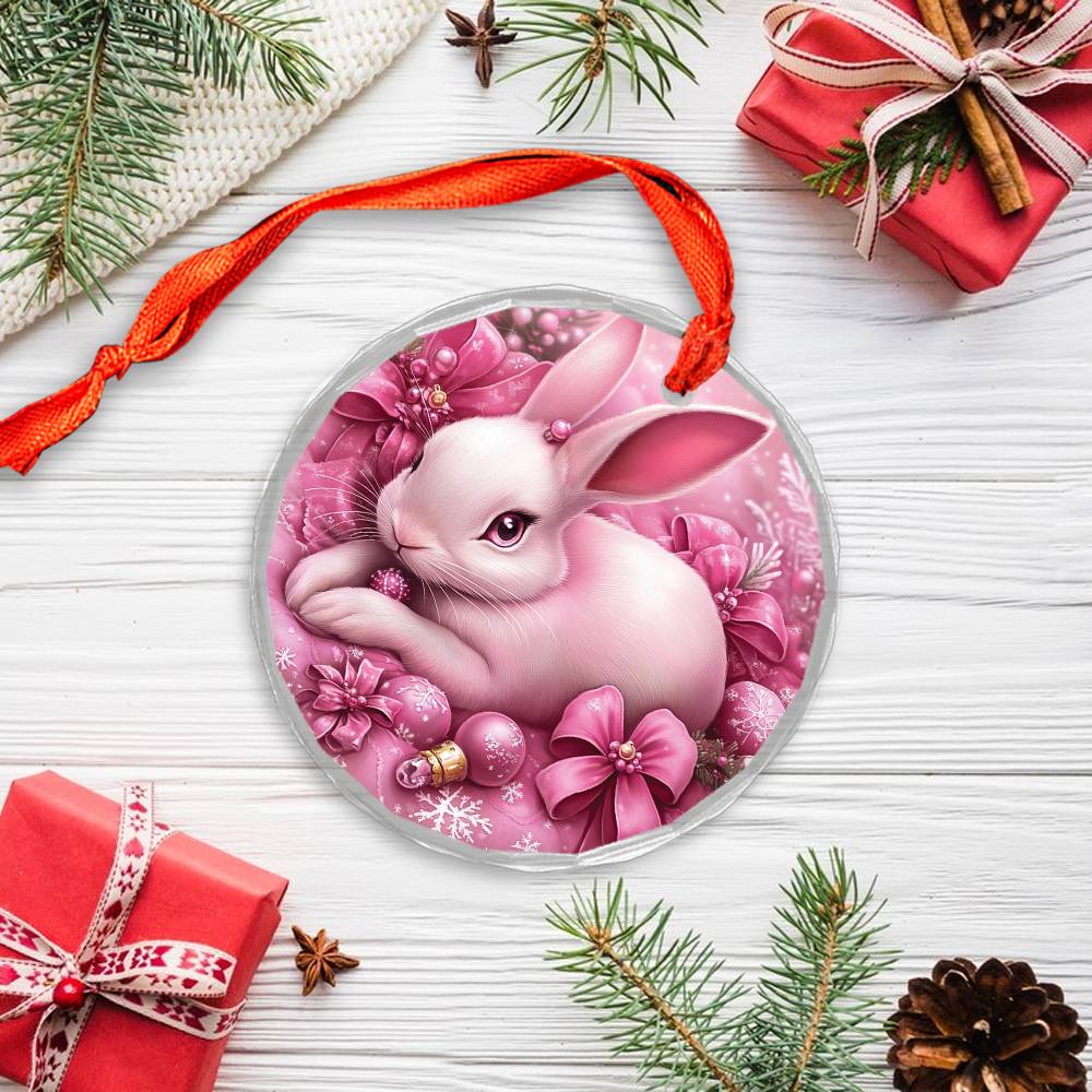 Rabbit Pink Christmas Design 3 Glass Ornament