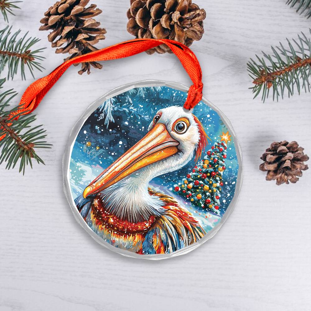Beautiful Pelican Christmas Night Design 1 Glass Ornament