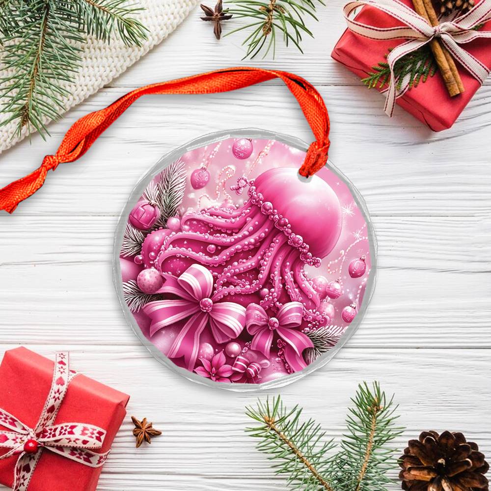 Jellyfish Pink Christmas Design 2 Glass Ornament
