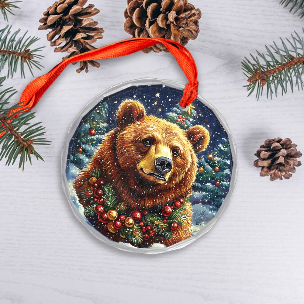 Beautiful Angus Grizzly Bear Christmas Night Design 3 Glass Ornament