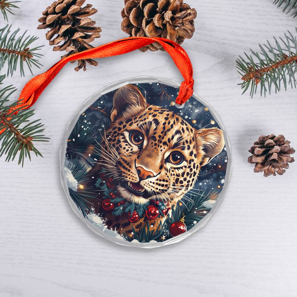 Beautiful Leopard Christmas Night Design 1 Glass Ornament