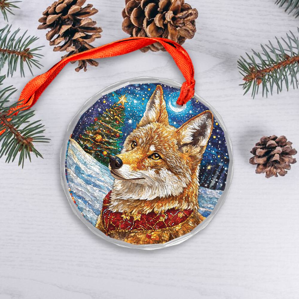 Beautiful Angus Coyote Christmas Night Design 2 Glass Ornament