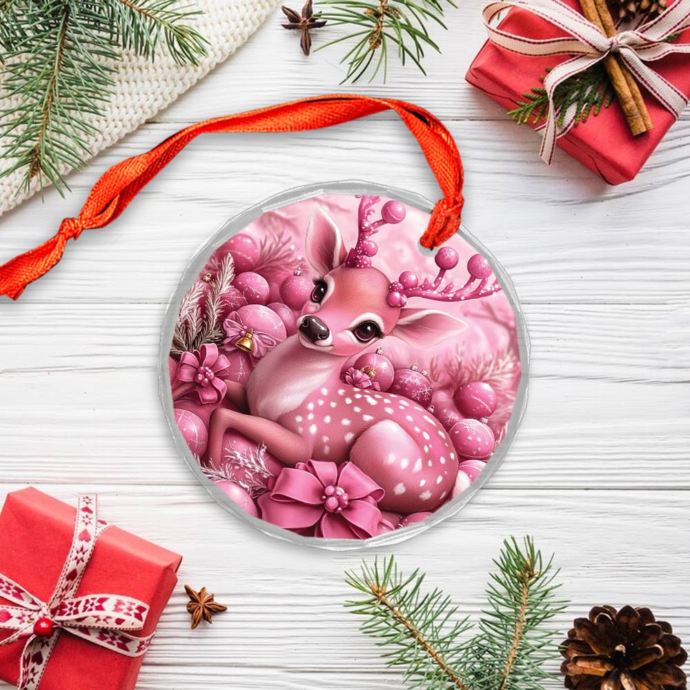 Deer Pink Christmas Design 1 Glass Ornament