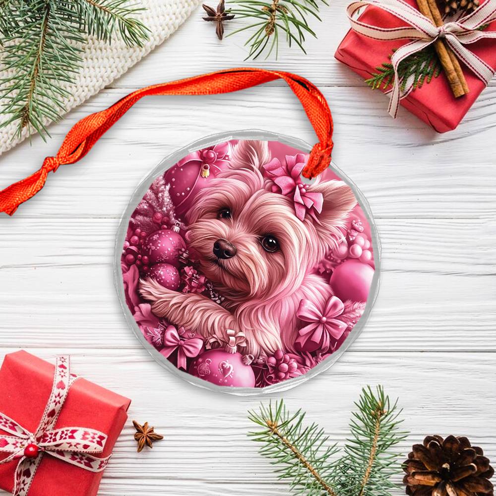 Yorkshire Terrier Dog Pink Christmas Design 1 Glass Ornament