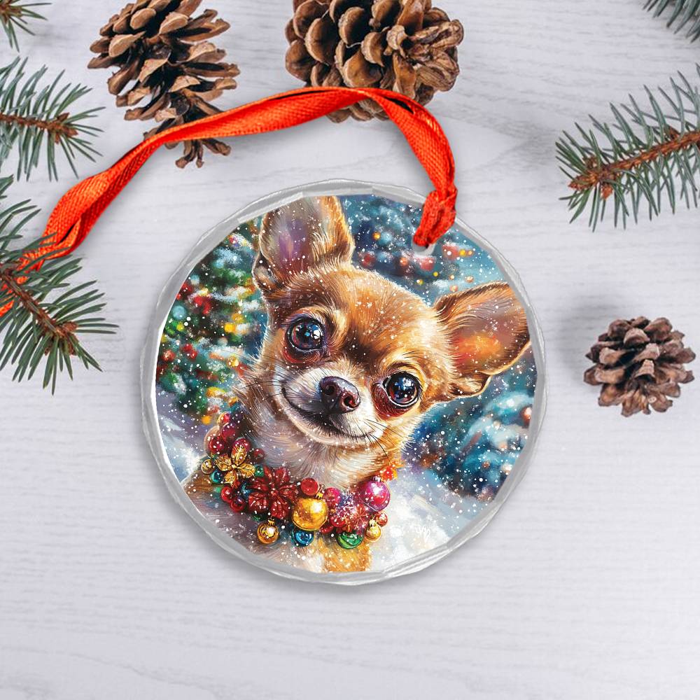 Beautiful Chihuahua Dog Christmas Night Design 2 Glass Ornament