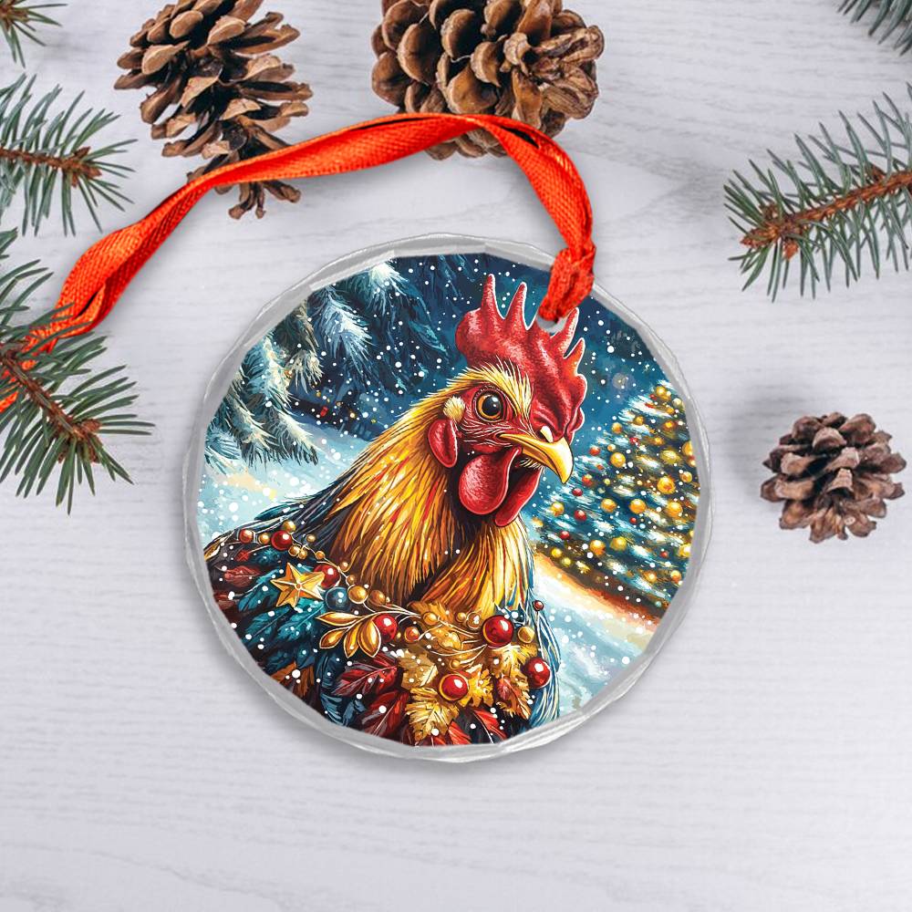 Beautiful Rooster Christmas Night Design 4 Glass Ornament