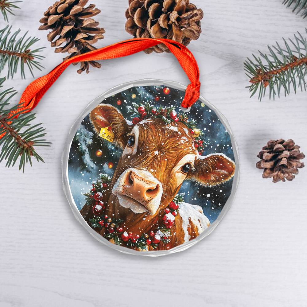 Beautiful Jersey Cow Christmas Night Design 2 Glass Ornament