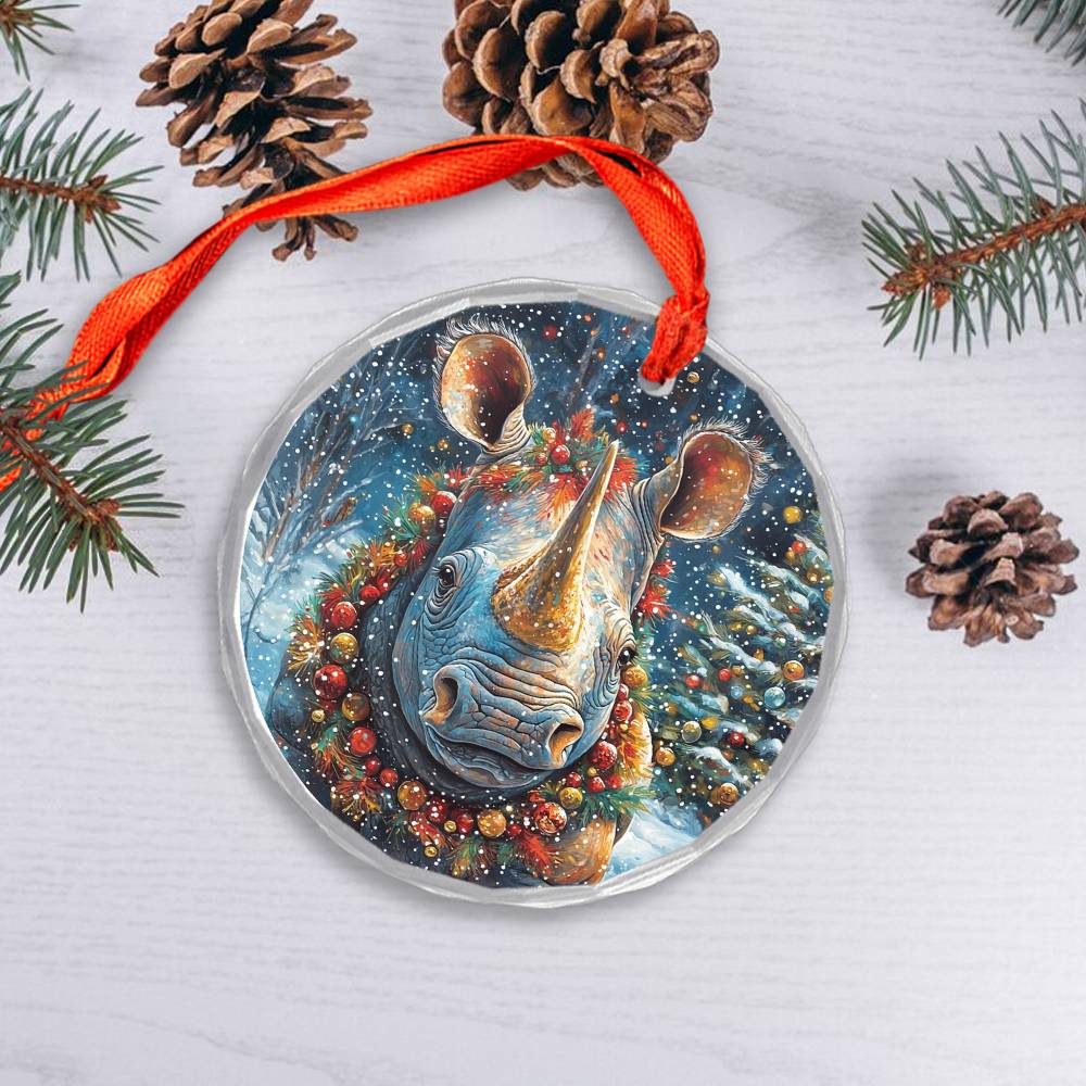 Beautiful Rhino Christmas Night Design 4 Glass Ornament