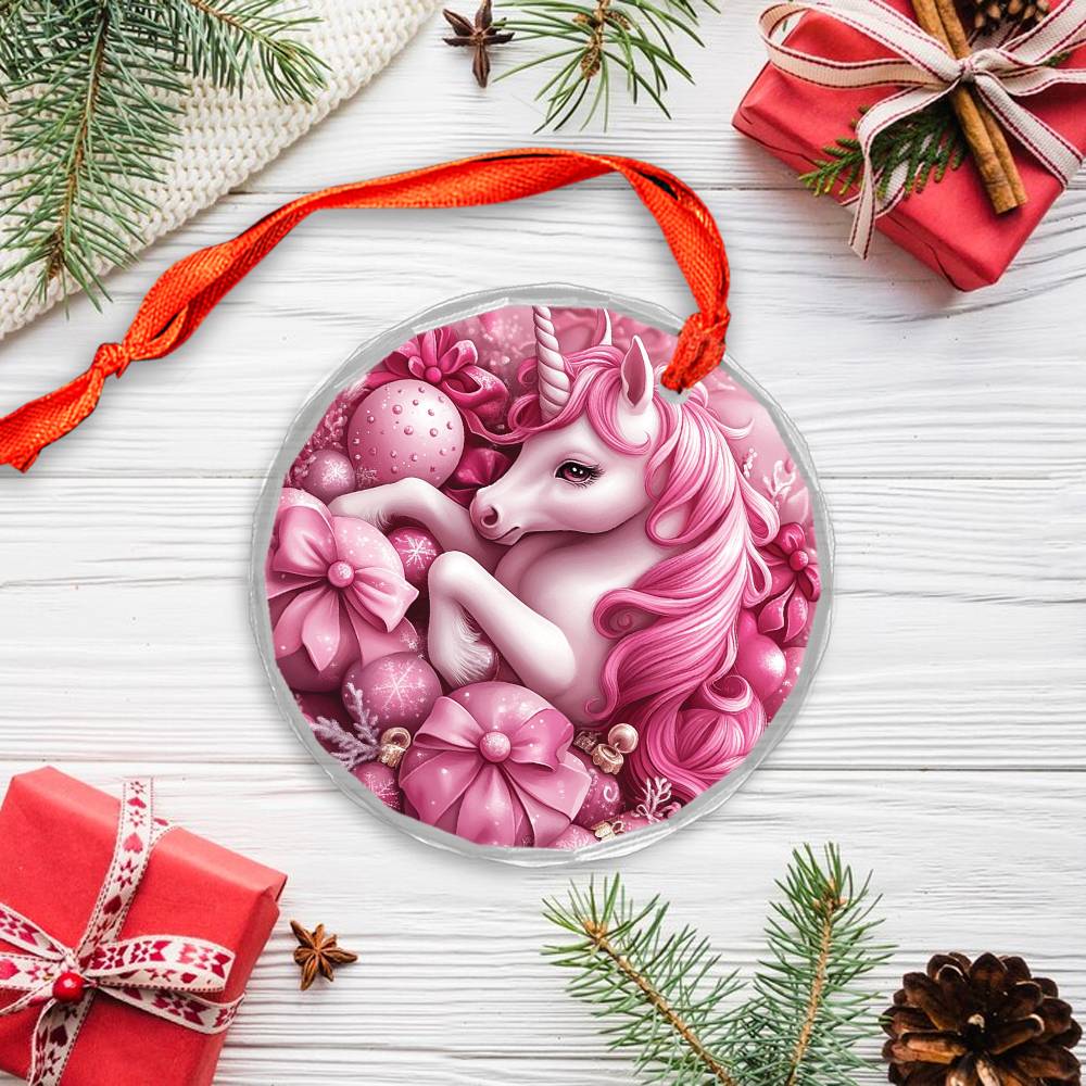 Unicorn Pink Christmas Design 1 Glass Ornament