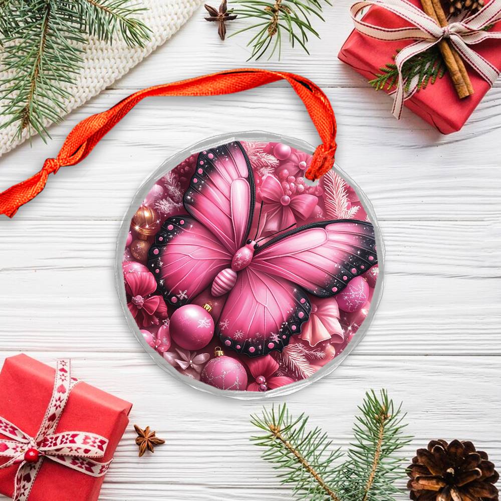 Butterfly Pink Christmas Design 1 Glass Ornament