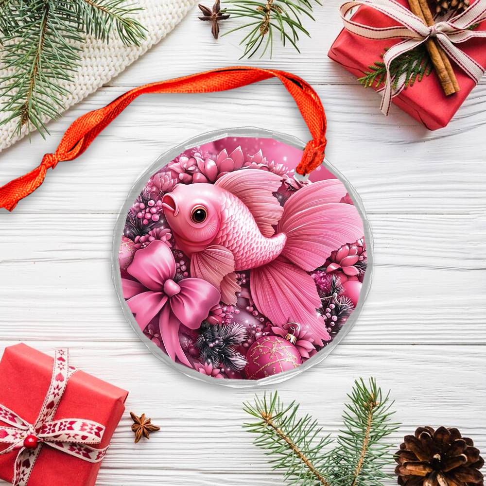 Goldfish Pink Christmas Design 1 Glass Ornament
