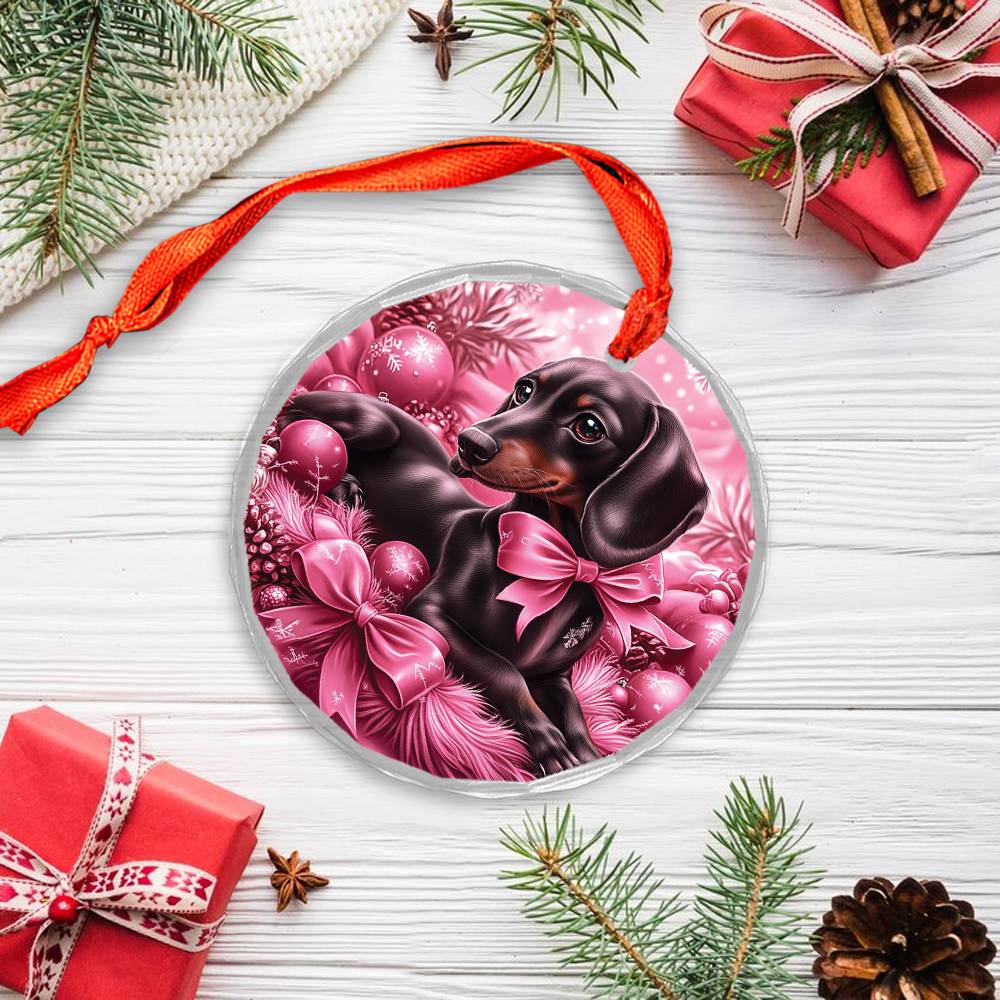 Dachshund Dog Pink Christmas Design 3 Glass Ornament