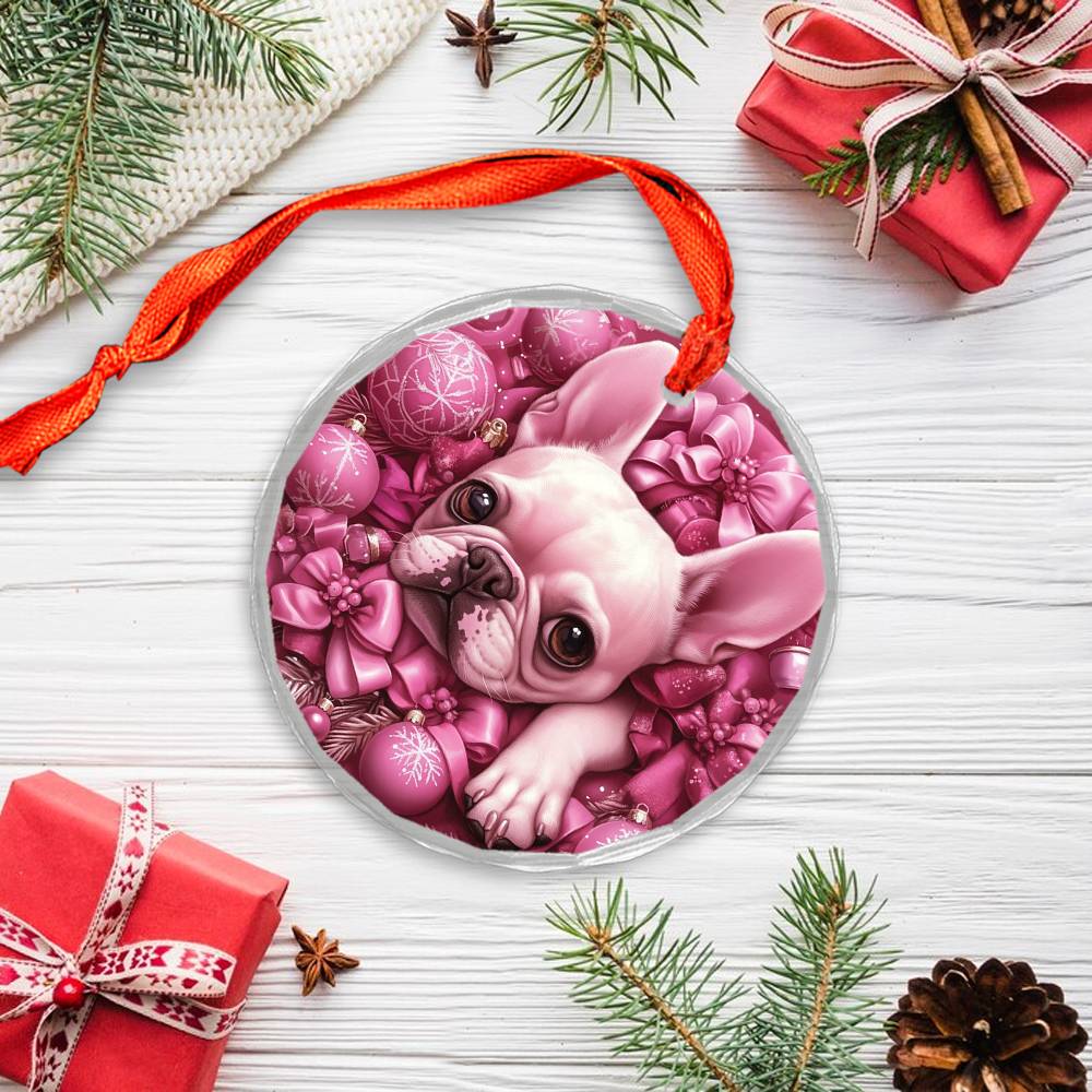 French Bulldog Pink Christmas Design 3 Glass Ornament