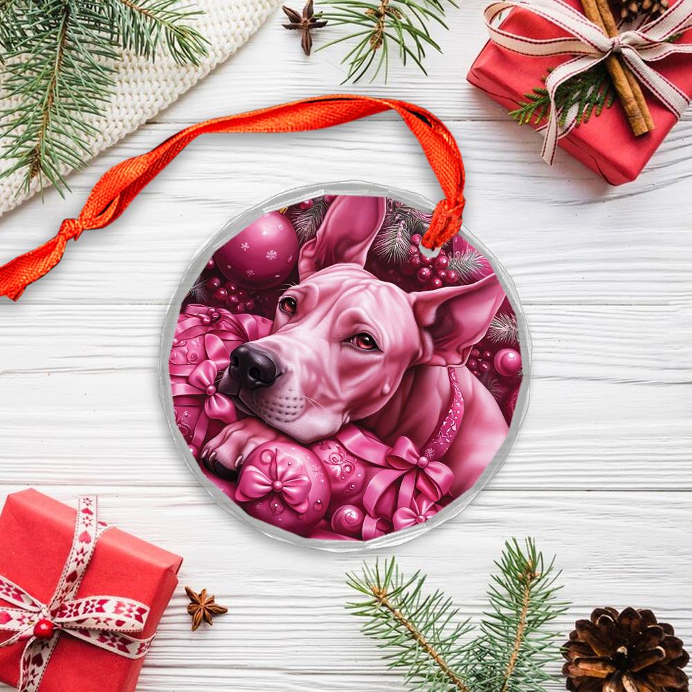 Great Dane Dog Pink Christmas Design 1 Glass Ornament