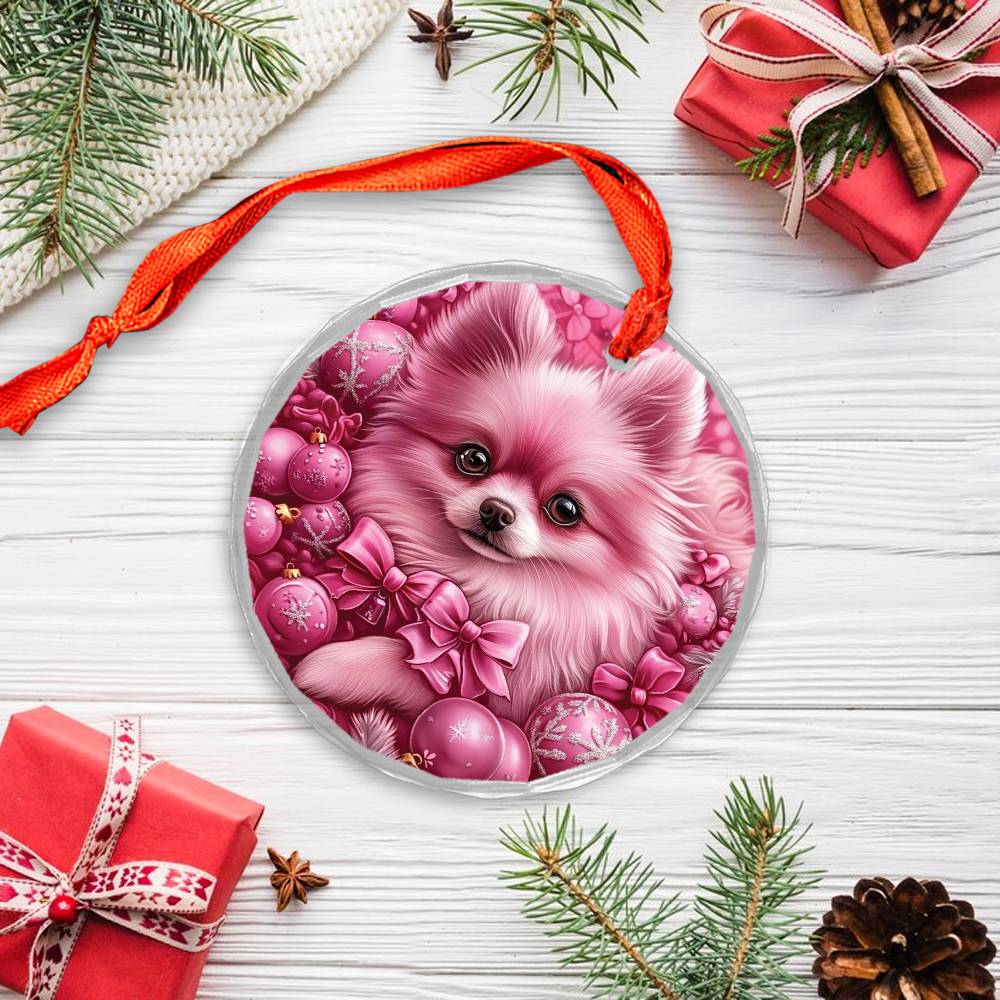 Pomeranian Dog Pink Christmas Design 1 Glass Ornament