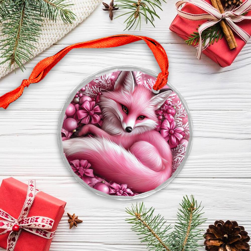 Fox Pink Christmas Design 2 Glass Ornament