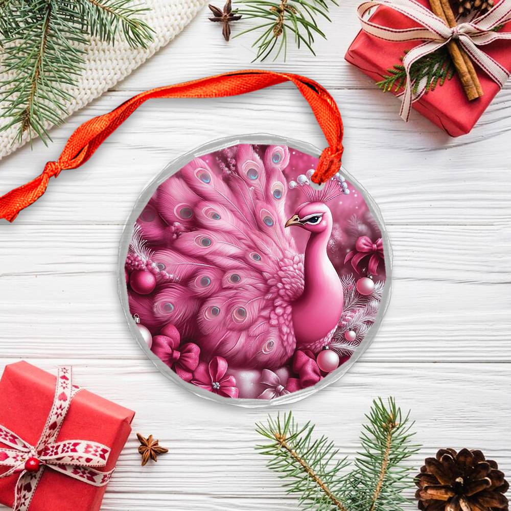Peacock Pink Christmas Design 4 Glass Ornament