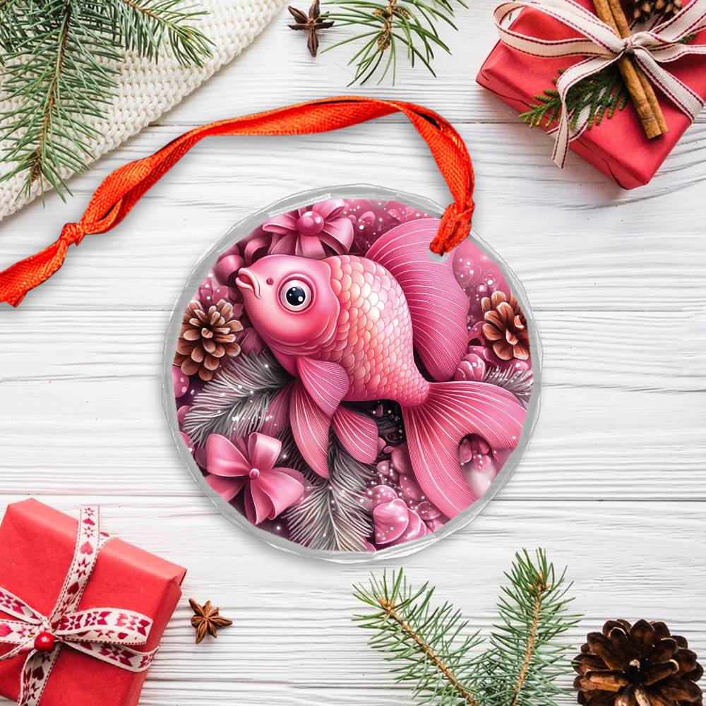 Goldfish Pink Christmas Design 4 Glass Ornament