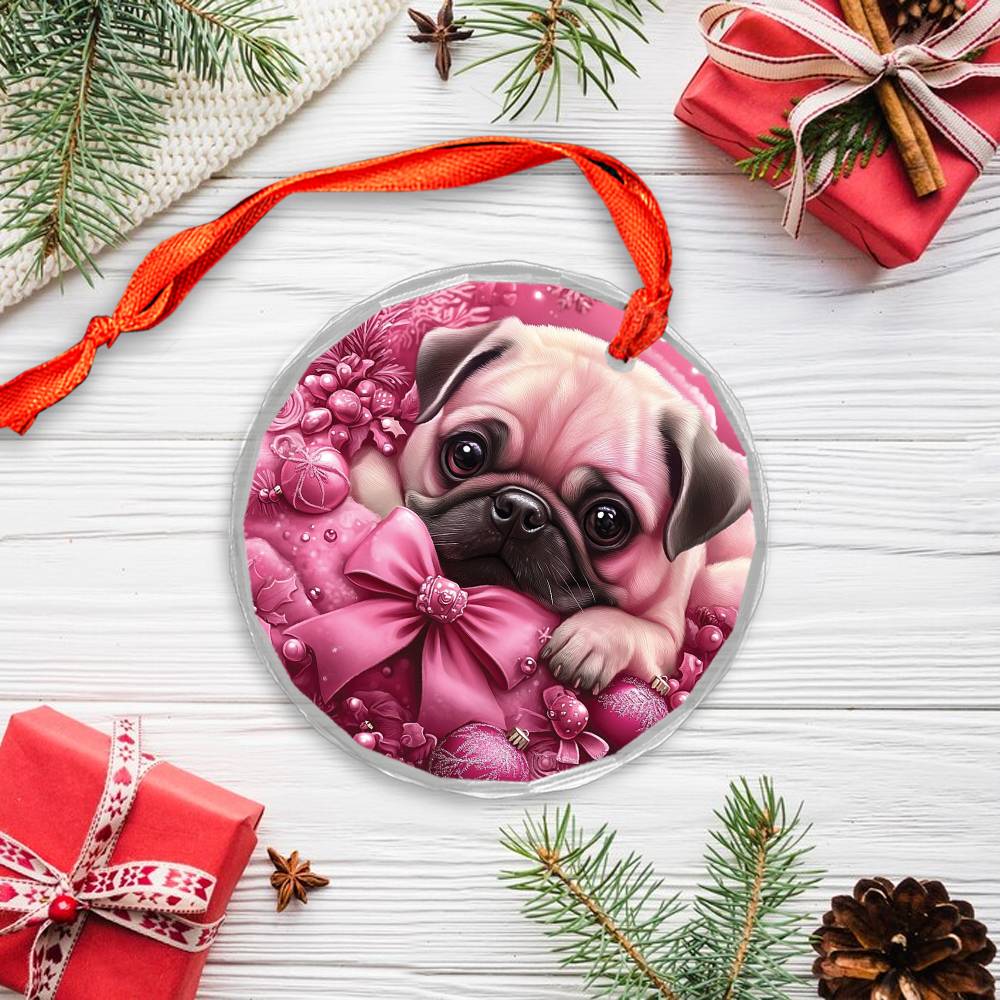 Pug Dog Pink Christmas Design 3 Glass Ornament